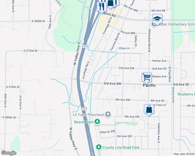 map of restaurants, bars, coffee shops, grocery stores, and more near 226 Seattle Boulevard South in Pacific