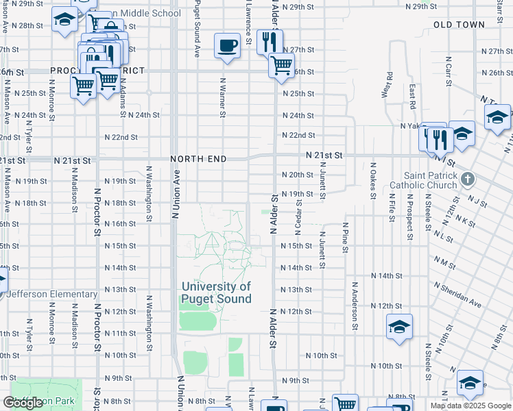 map of restaurants, bars, coffee shops, grocery stores, and more near 1500 North Warner Street in Tacoma