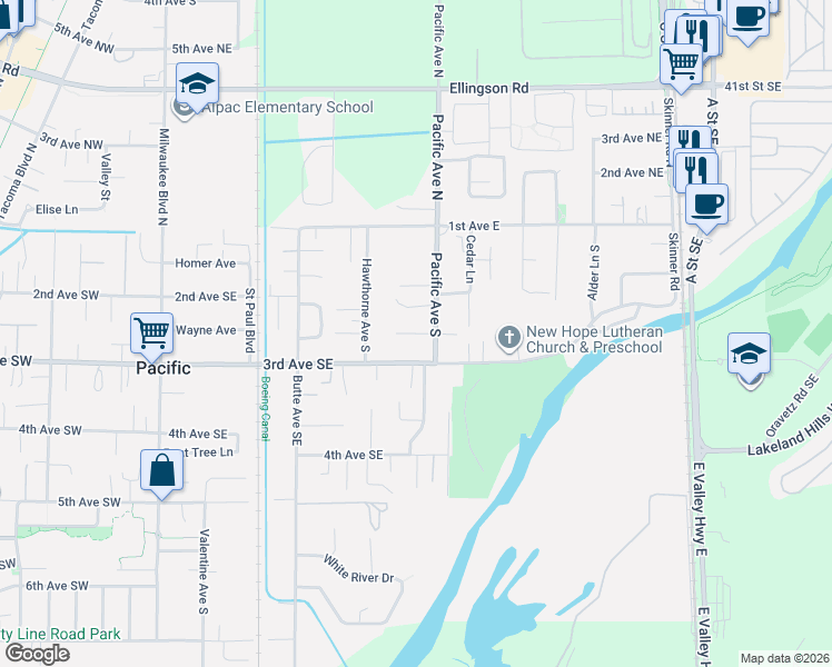 map of restaurants, bars, coffee shops, grocery stores, and more near 409 3rd Avenue Southeast in Pacific