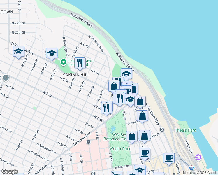 map of restaurants, bars, coffee shops, grocery stores, and more near 220 North Tacoma Avenue in Tacoma