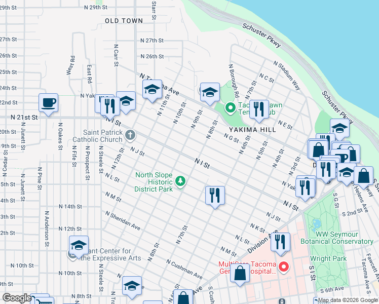 map of restaurants, bars, coffee shops, grocery stores, and more near in Tacoma