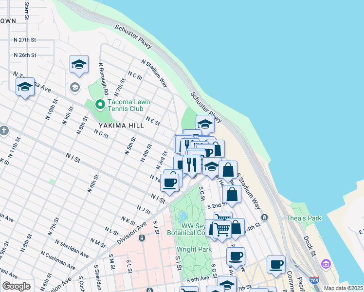 map of restaurants, bars, coffee shops, grocery stores, and more near 515 North 2nd Street in Tacoma