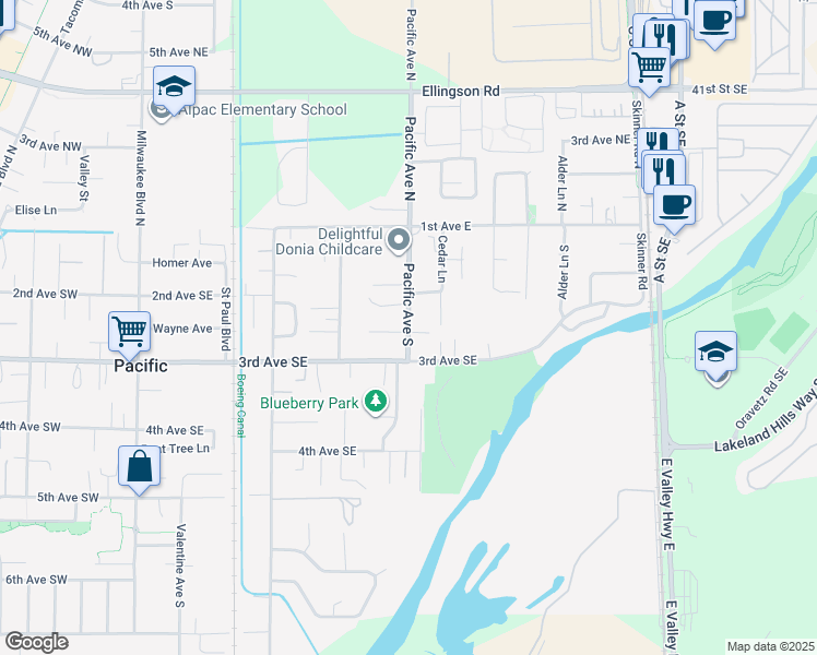 map of restaurants, bars, coffee shops, grocery stores, and more near 223 Pacific Avenue South in Pacific