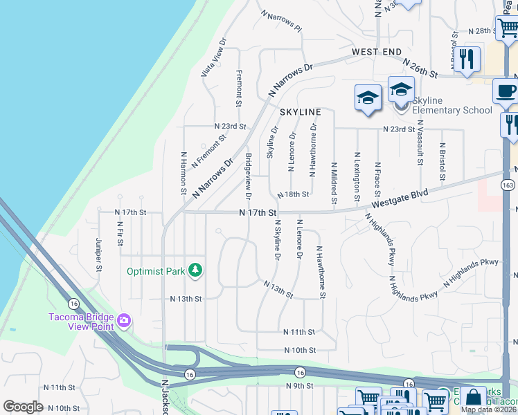 map of restaurants, bars, coffee shops, grocery stores, and more near 7019 North 17th Street in Tacoma
