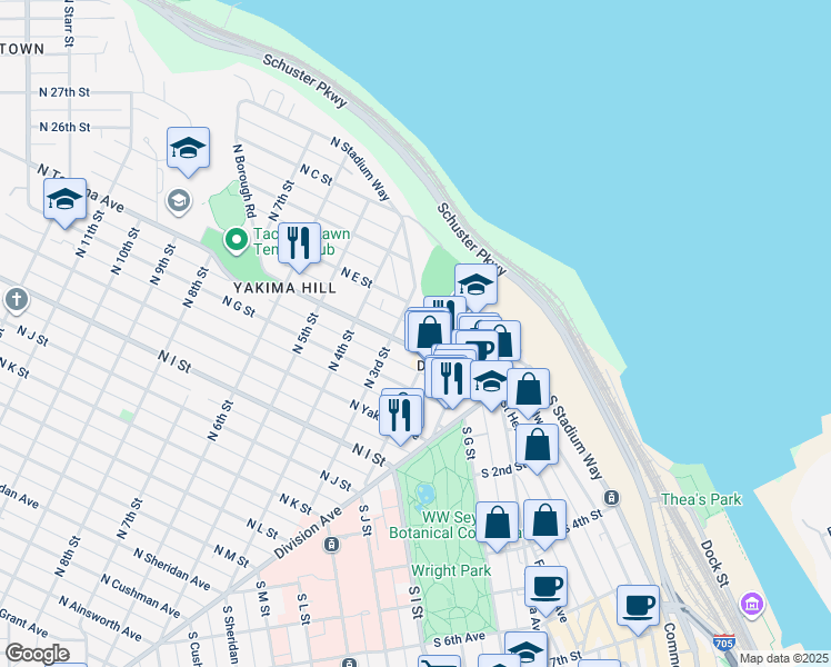 map of restaurants, bars, coffee shops, grocery stores, and more near 220 North Tacoma Avenue in Tacoma