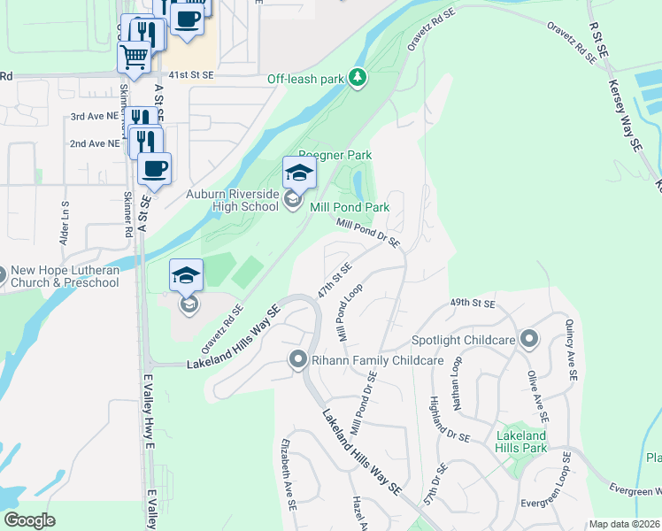 map of restaurants, bars, coffee shops, grocery stores, and more near 4837 Mill Pond Loop in Auburn