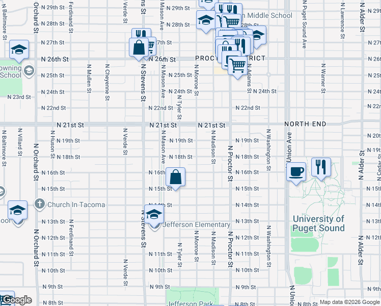 map of restaurants, bars, coffee shops, grocery stores, and more near 4105 North 18th Street in Tacoma