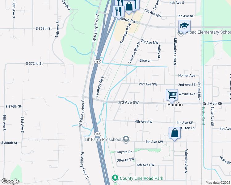 map of restaurants, bars, coffee shops, grocery stores, and more near 314 3rd Avenue Southwest in Pacific