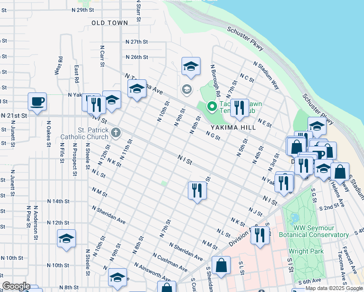 map of restaurants, bars, coffee shops, grocery stores, and more near in Tacoma