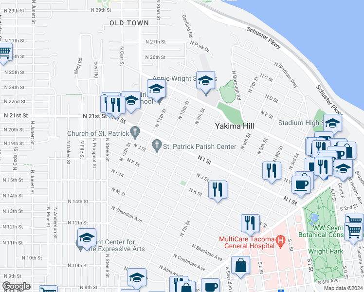 map of restaurants, bars, coffee shops, grocery stores, and more near 906 North 9th Street in Tacoma