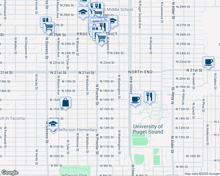 map of restaurants, bars, coffee shops, grocery stores, and more near 1609 North Adams Street in Tacoma
