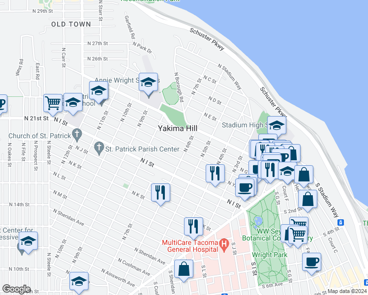 map of restaurants, bars, coffee shops, grocery stores, and more near 619 North G Street in Tacoma