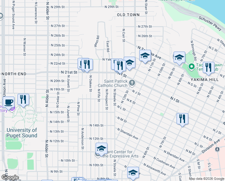 map of restaurants, bars, coffee shops, grocery stores, and more near 1907 North Prospect Street in Tacoma