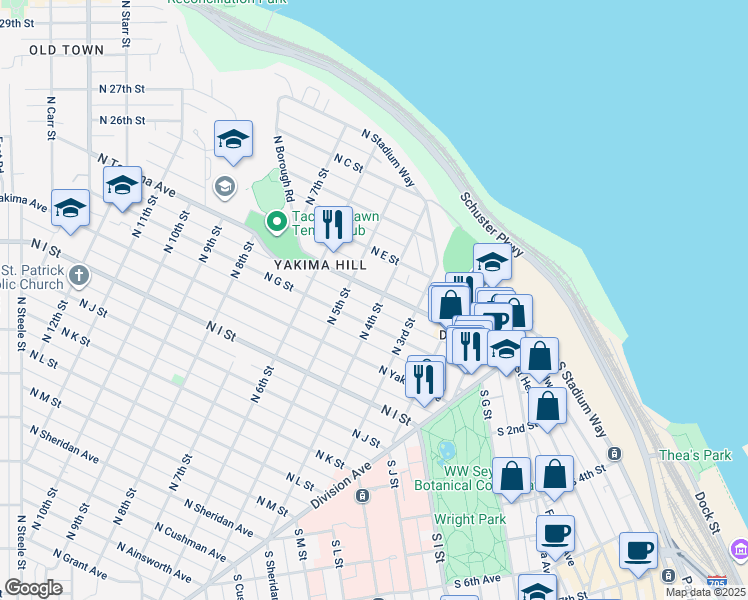 map of restaurants, bars, coffee shops, grocery stores, and more near 404 North Tacoma Avenue in Tacoma
