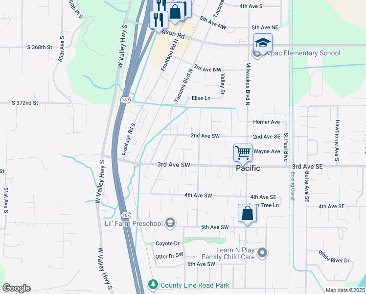 map of restaurants, bars, coffee shops, grocery stores, and more near 223 2nd Avenue Southwest in Pacific