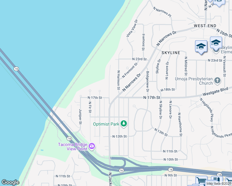 map of restaurants, bars, coffee shops, grocery stores, and more near 1720 North Harmon Street in Tacoma