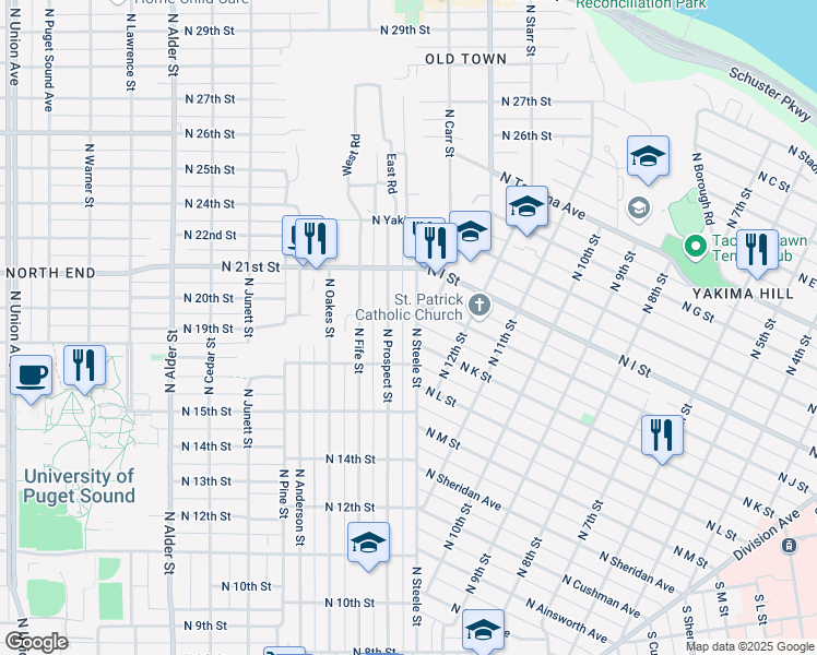map of restaurants, bars, coffee shops, grocery stores, and more near 1907 North Prospect Street in Tacoma