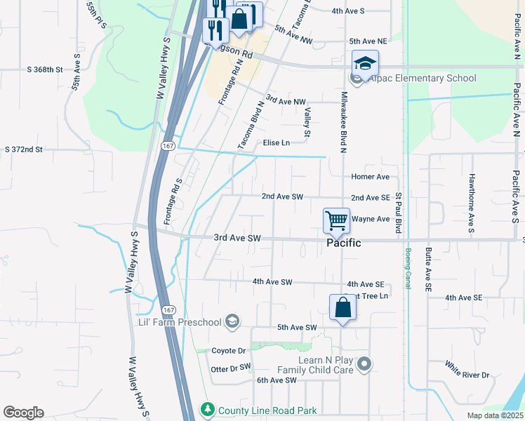 map of restaurants, bars, coffee shops, grocery stores, and more near 202 2nd Avenue Southwest in Pacific
