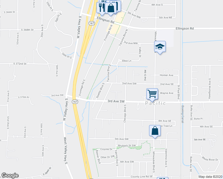 map of restaurants, bars, coffee shops, grocery stores, and more near 223 2nd Avenue Southwest in Pacific