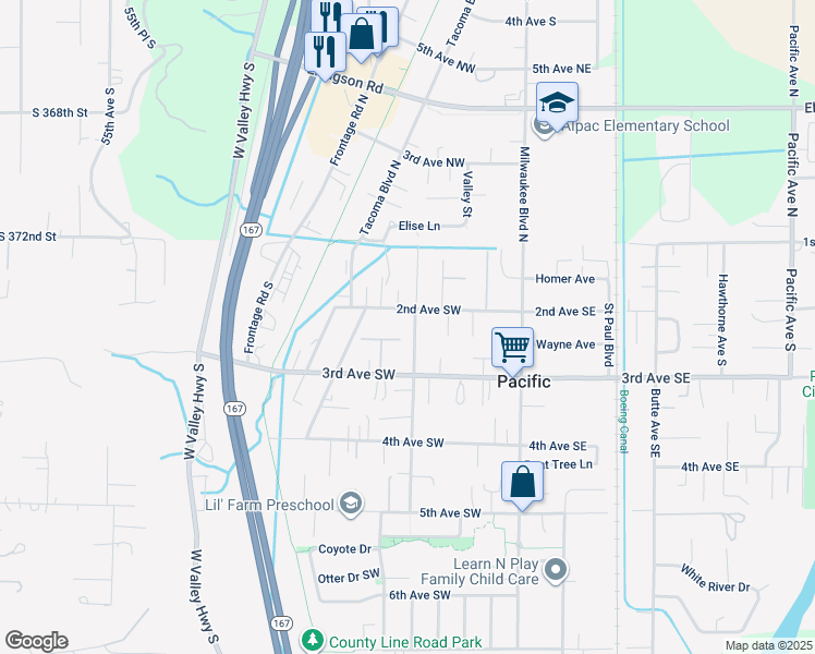map of restaurants, bars, coffee shops, grocery stores, and more near 202 2nd Avenue Southwest in Pacific