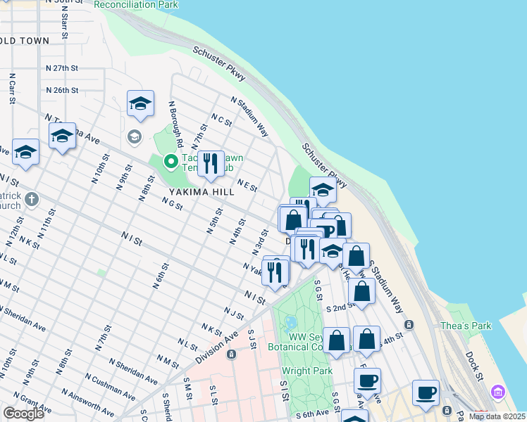 map of restaurants, bars, coffee shops, grocery stores, and more near 507 North 3rd Street in Tacoma