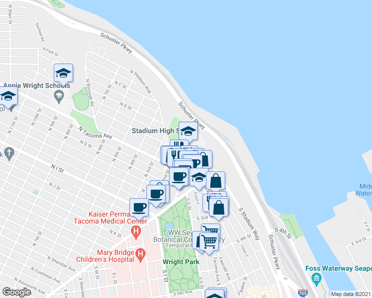 map of restaurants, bars, coffee shops, grocery stores, and more near 111 North E Street in Tacoma