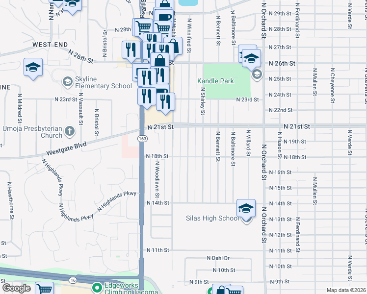 map of restaurants, bars, coffee shops, grocery stores, and more near 1826 North Winnifred Street in Tacoma
