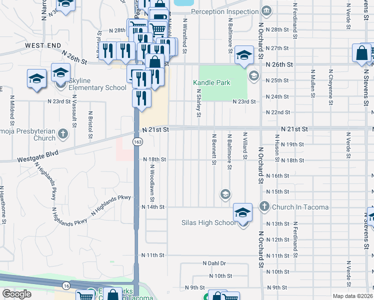 map of restaurants, bars, coffee shops, grocery stores, and more near 1813 North Winnifred Street in Tacoma