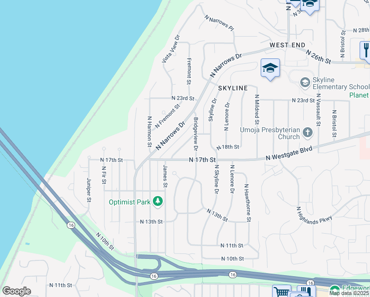 map of restaurants, bars, coffee shops, grocery stores, and more near 1733 North James Street in Tacoma