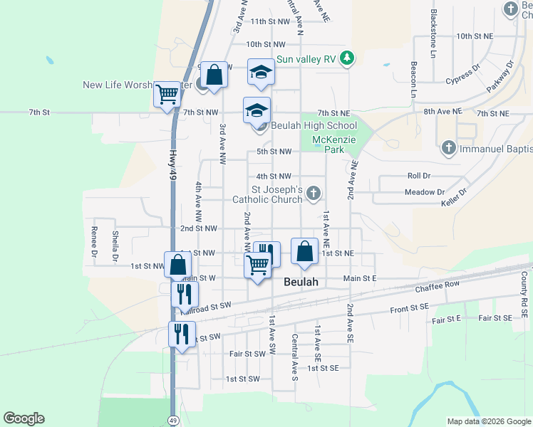 map of restaurants, bars, coffee shops, grocery stores, and more near 309 1st Avenue Northwest in Beulah