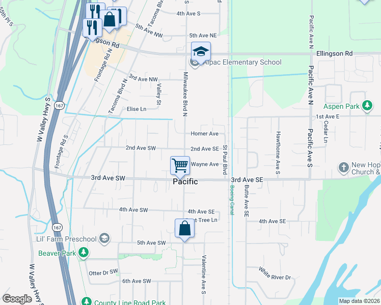 map of restaurants, bars, coffee shops, grocery stores, and more near 121 Milwaukee Boulevard South in Pacific