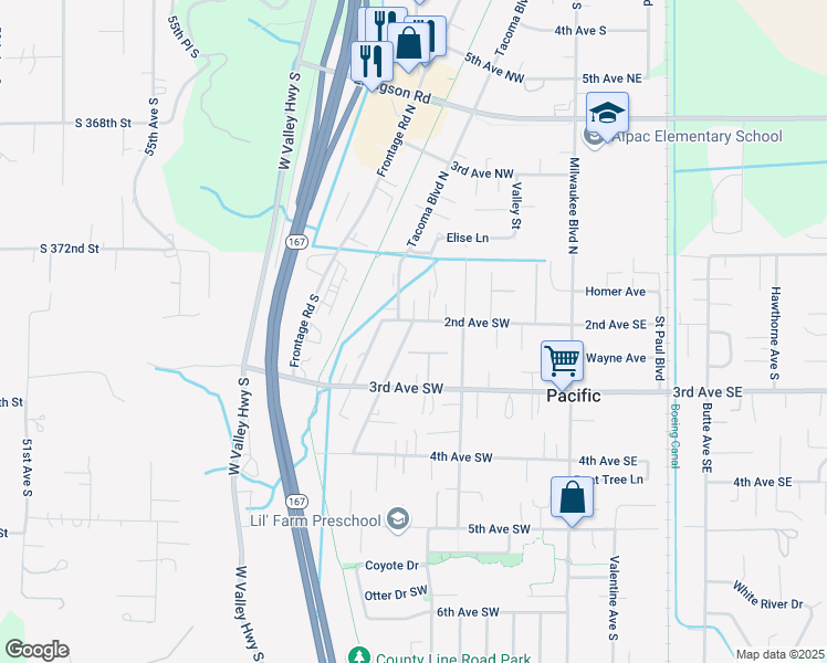 map of restaurants, bars, coffee shops, grocery stores, and more near 223 2nd Avenue Southwest in Pacific