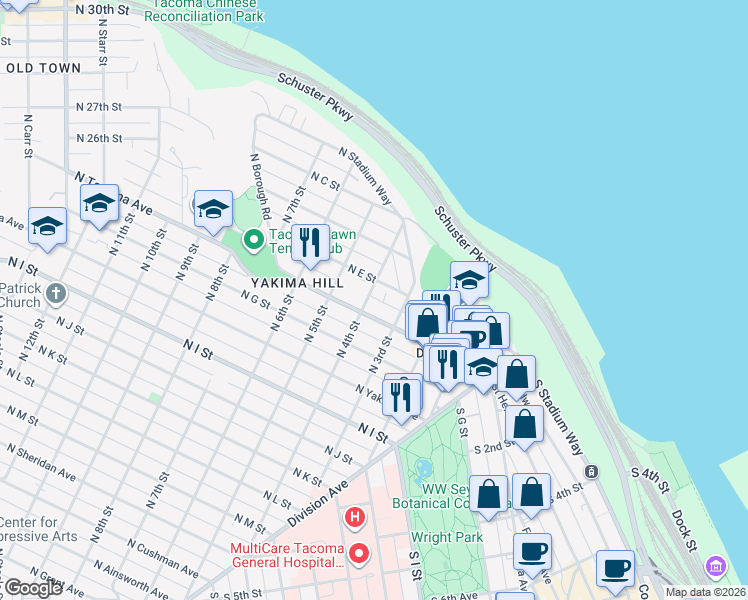 map of restaurants, bars, coffee shops, grocery stores, and more near 319 North Tacoma Avenue in Tacoma