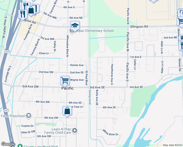 map of restaurants, bars, coffee shops, grocery stores, and more near 220 2nd Avenue Southeast in Pacific