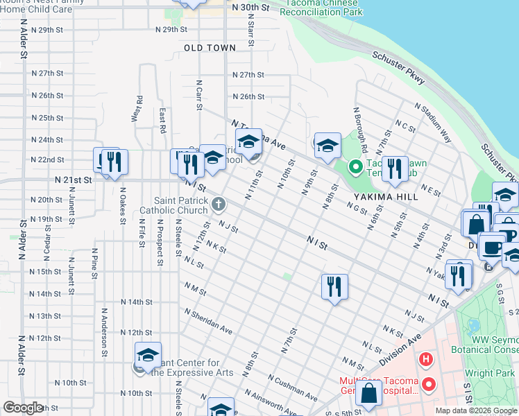 map of restaurants, bars, coffee shops, grocery stores, and more near 1001 North I Street in Tacoma