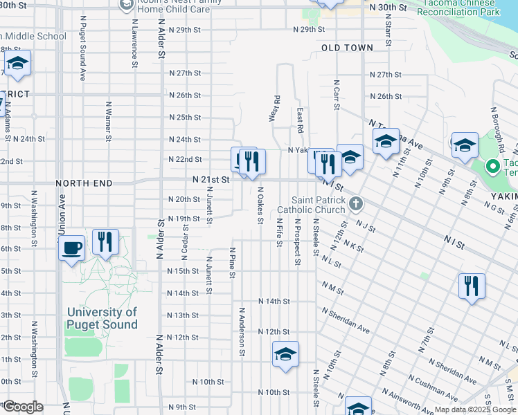 map of restaurants, bars, coffee shops, grocery stores, and more near 1922 North Oakes Street in Tacoma
