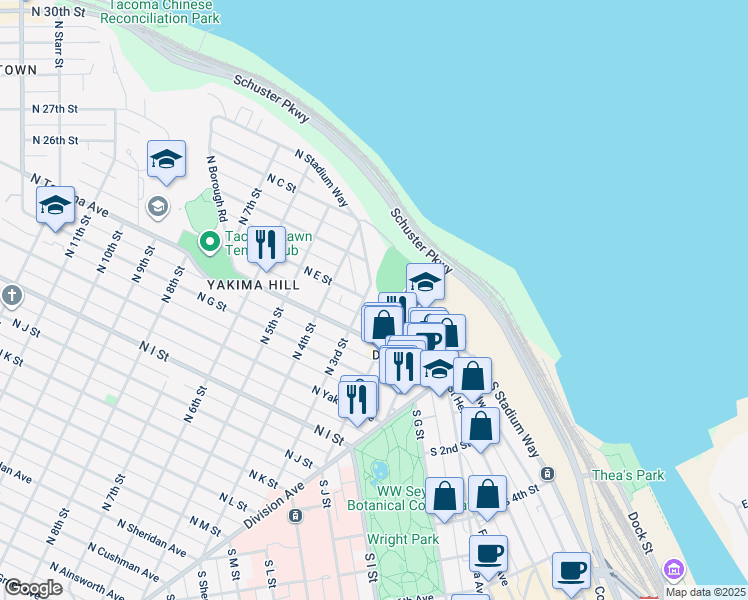 map of restaurants, bars, coffee shops, grocery stores, and more near 111 North E Street in Tacoma