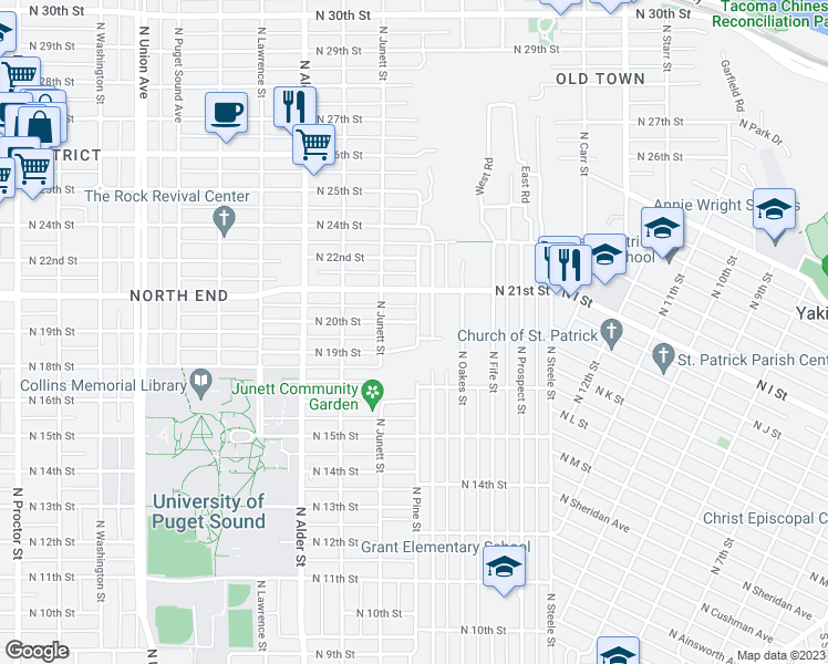 map of restaurants, bars, coffee shops, grocery stores, and more near 2902 North 20th Street in Tacoma