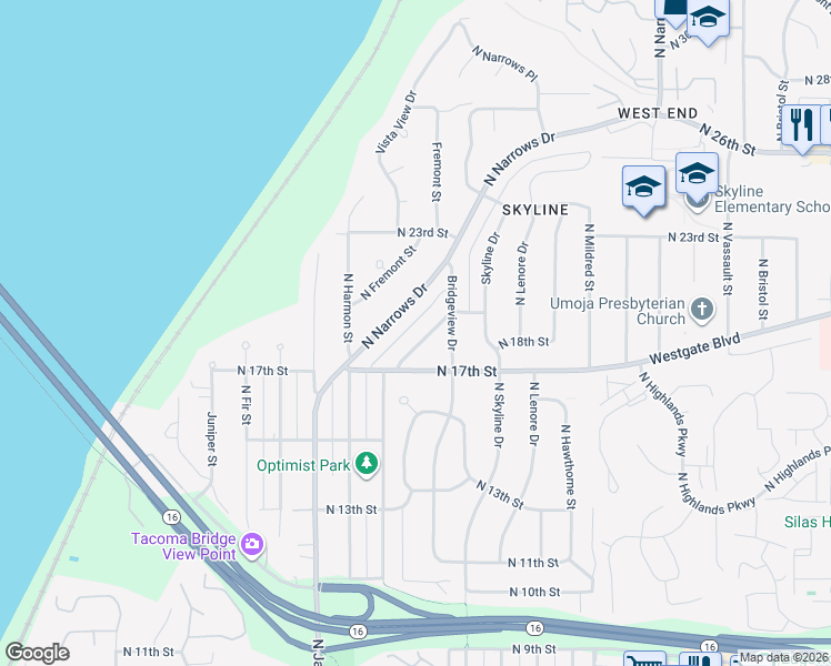 map of restaurants, bars, coffee shops, grocery stores, and more near 1734 North James Street in Tacoma