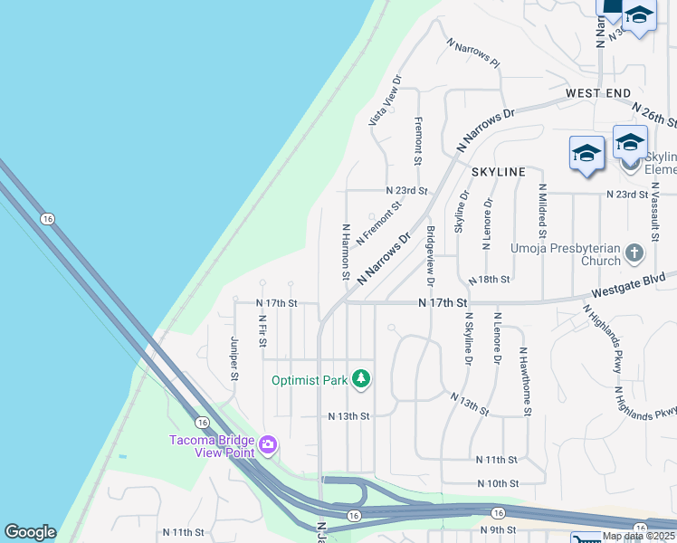 map of restaurants, bars, coffee shops, grocery stores, and more near 1720 North Harmon Street in Tacoma