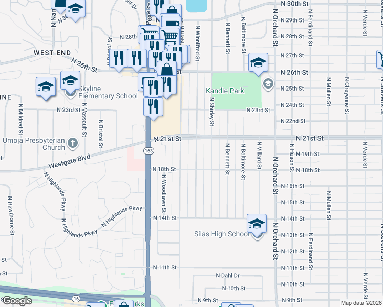 map of restaurants, bars, coffee shops, grocery stores, and more near 1826 North Winnifred Street in Tacoma