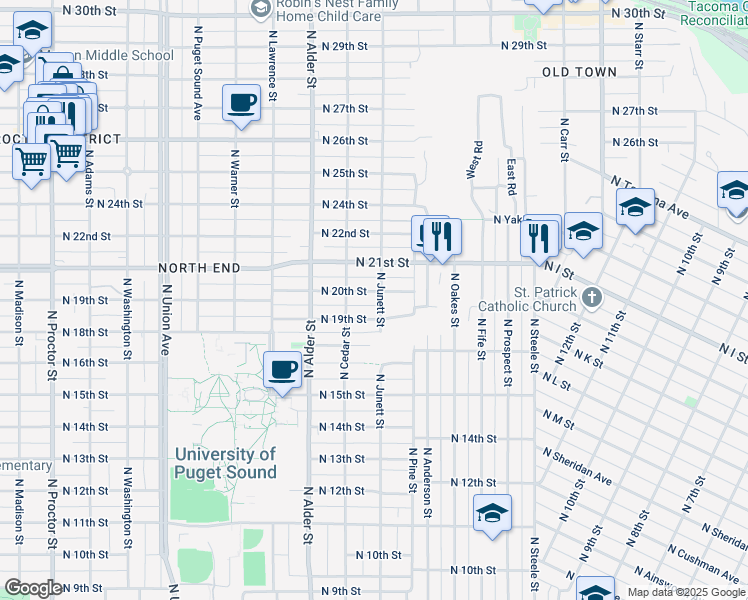 map of restaurants, bars, coffee shops, grocery stores, and more near 1920 North Junett Street in Tacoma