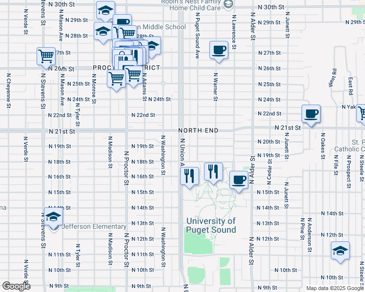 map of restaurants, bars, coffee shops, grocery stores, and more near N Union Ave & N 19th St in Tacoma