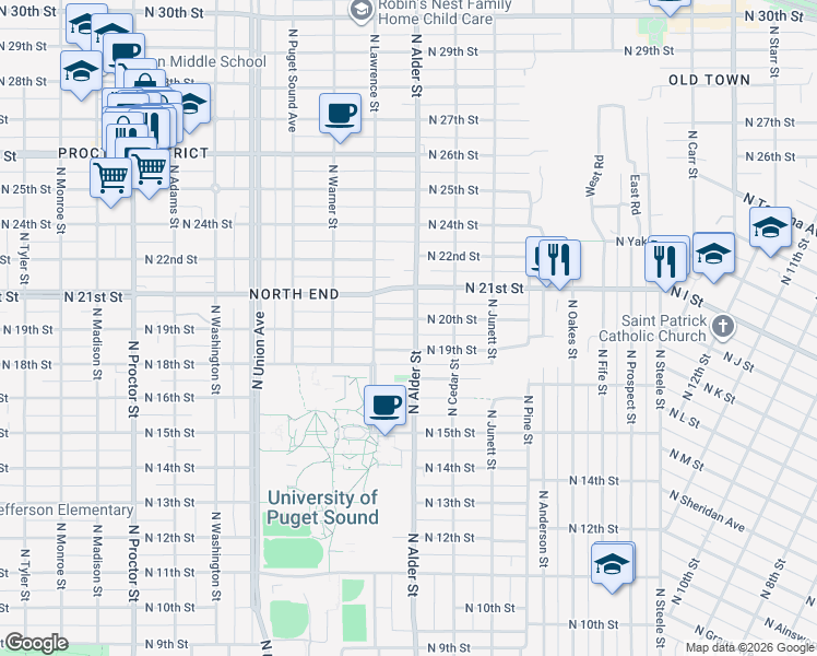 map of restaurants, bars, coffee shops, grocery stores, and more near 3204 North 20th Street in Tacoma