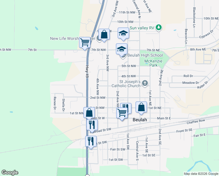 map of restaurants, bars, coffee shops, grocery stores, and more near 316 3rd Avenue Northwest in Beulah