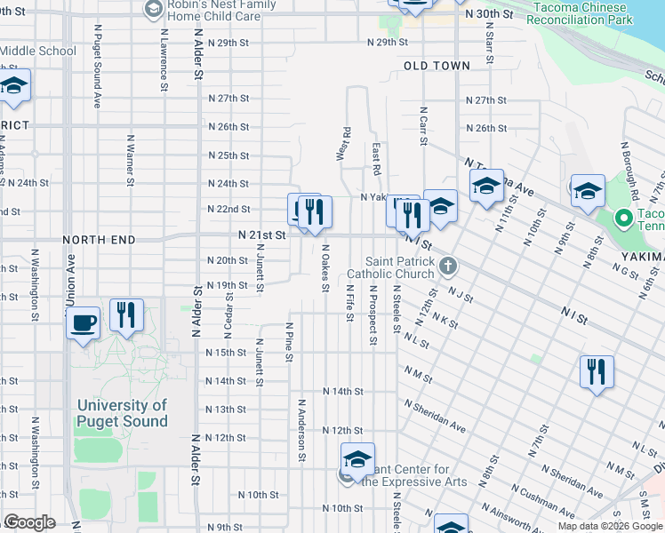 map of restaurants, bars, coffee shops, grocery stores, and more near 1922 North Oakes Street in Tacoma