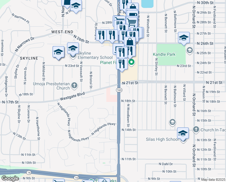map of restaurants, bars, coffee shops, grocery stores, and more near 1912 North Pearl Street in Tacoma