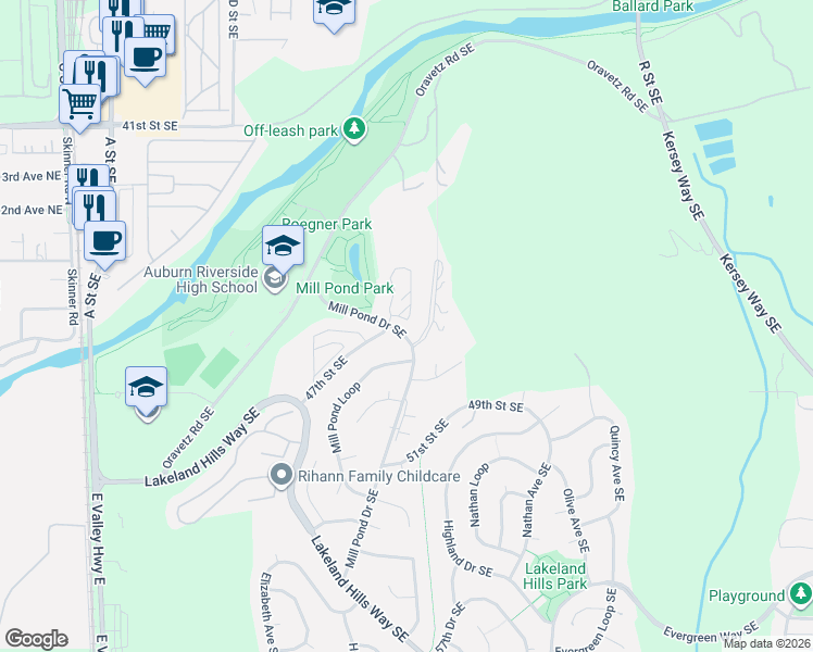 map of restaurants, bars, coffee shops, grocery stores, and more near 4724 Mill Pond Drive Southeast in Auburn