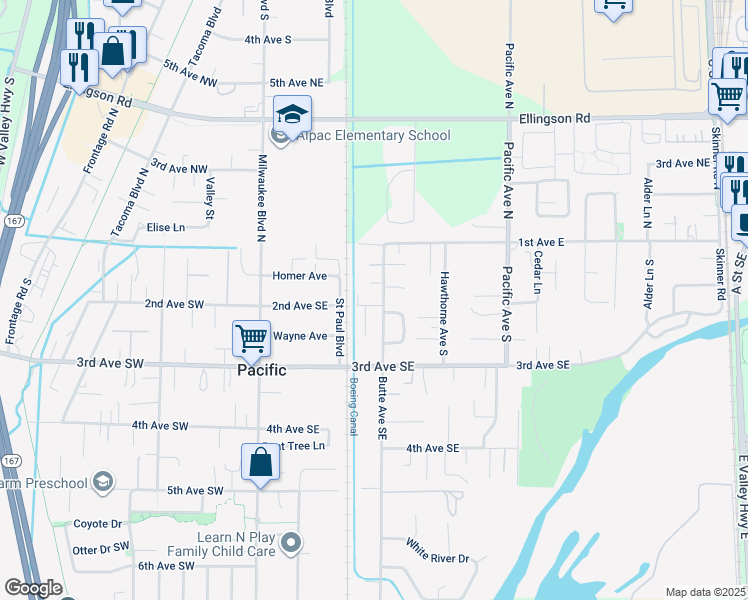 map of restaurants, bars, coffee shops, grocery stores, and more near 220 2nd Avenue Southeast in Pacific