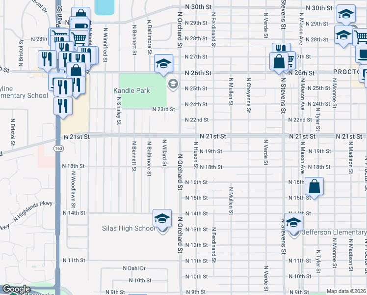 map of restaurants, bars, coffee shops, grocery stores, and more near 1901 North Orchard Street in Tacoma